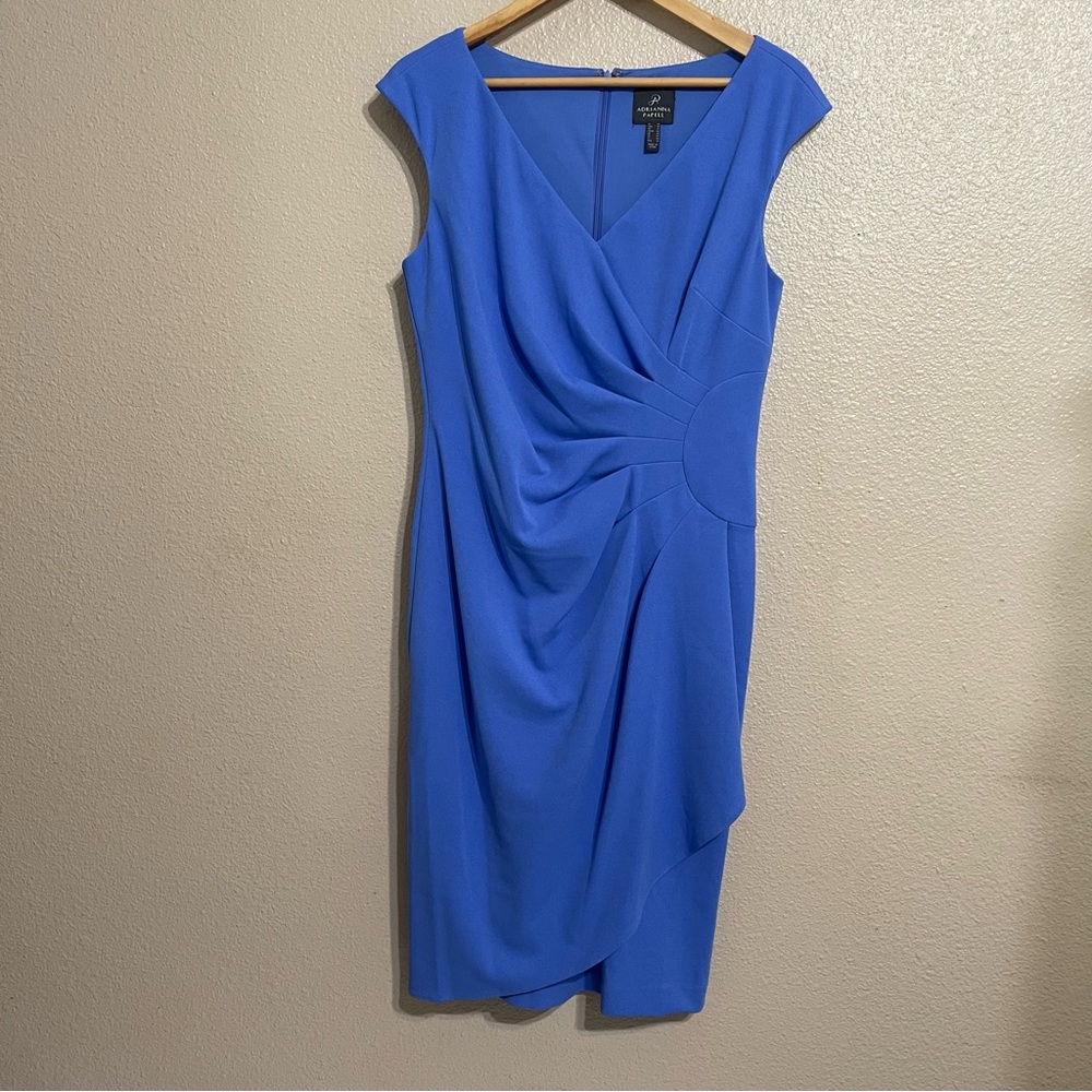 Adrianna Papell V-Neck Cap Sleeve‎ Cascading Ruffle Side Drape Sheath Dress - Picture 2 of 16